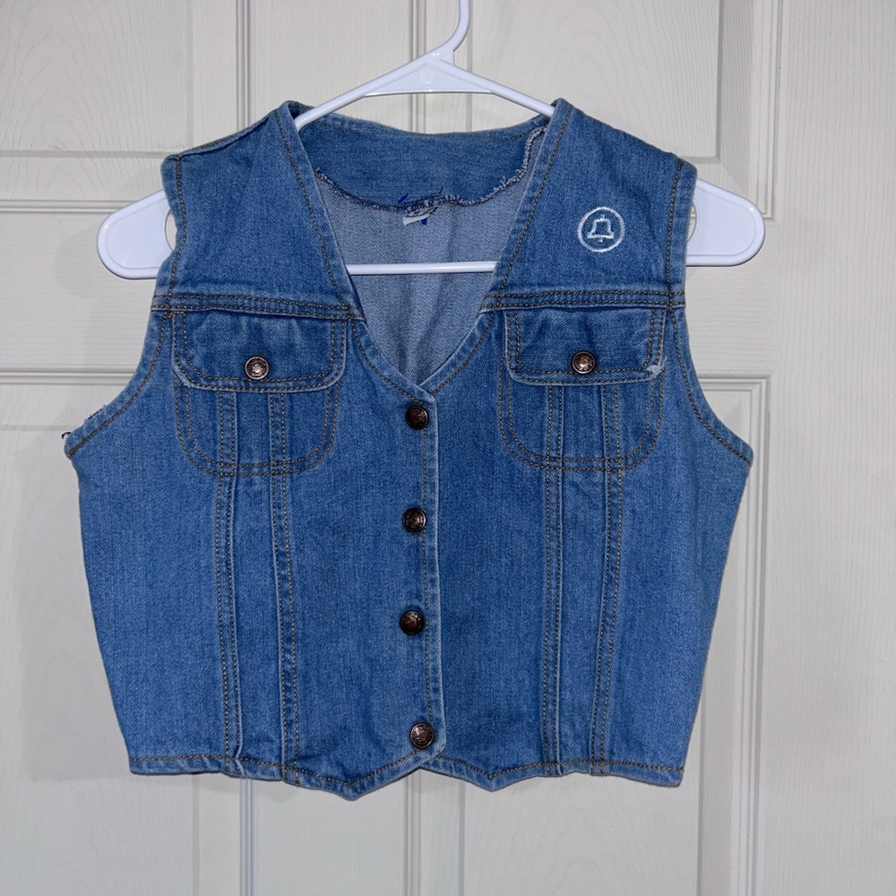 Women’s blue denim vest with cowbell embroidery